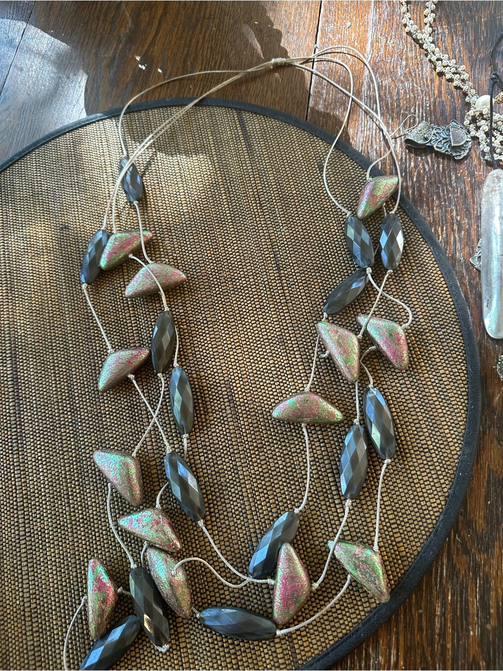 Long Multistrand Beaded Necklace in Iridescent Green and Black
